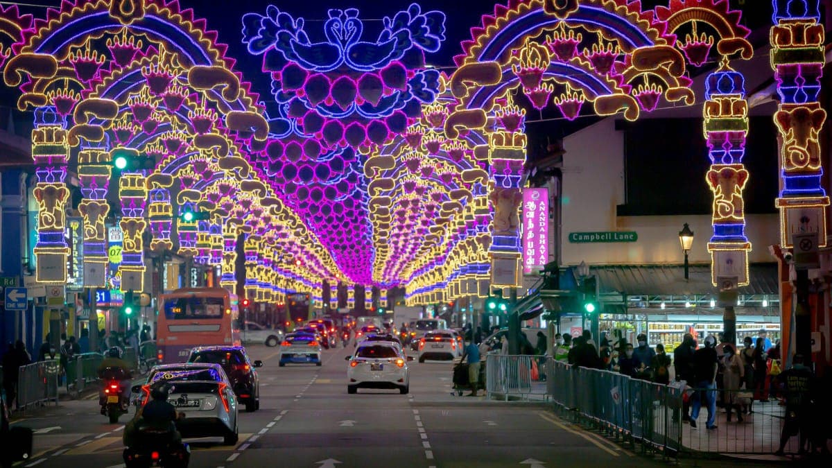 The Deepavali light-up arches over Serangoon Road in Little India, Singapore, at night