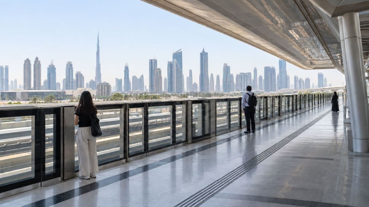 The interior of a driverless metro train in Dubai with the skyline visible through the front window