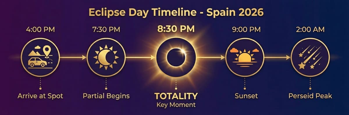 Eclipse Day Timeline for Spain: 4PM arrival, 7:30PM partial begins, 8:30PM totality, 9PM sunset, 2AM Perseid peak