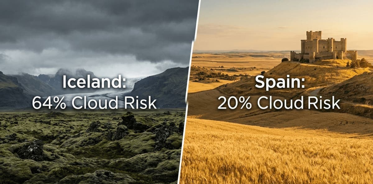 Iceland vs Spain cloud risk comparison: Iceland has 64% cloud risk with moody skies, Spain has 20% cloud risk with golden hour light