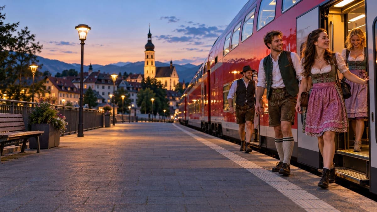 Festival-goers in Dirndl and Lederhosen stepping off a red regional train at a small Bavarian town station at dusk