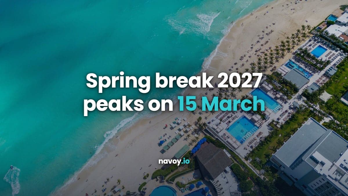 Aerial view of a turquoise beach and resort pools in Cancún's Hotel Zone