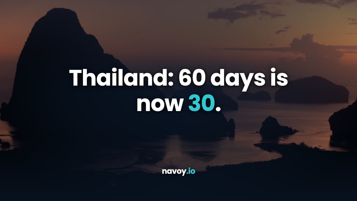 Sunset over the limestone karsts of Phang Nga Bay, Thailand, with the headline Thailand: 60 days is now 30