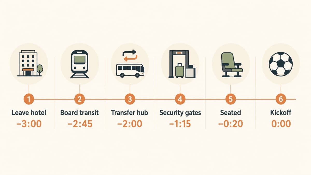 World Cup 2026 match-day arrival timeline from leaving the hotel to kickoff at a transit-only stadium