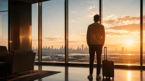 Lone traveler at a panoramic airport window watching the sunrise over a city skyline before a trip